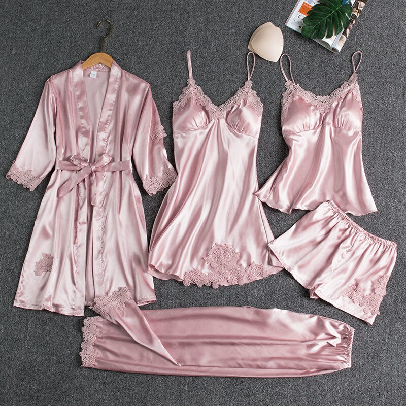 5PCS Sleepwear Female Pajamas Set Satin Pyjamamas Sexy Lace Patchwork - foxberryparkproducts