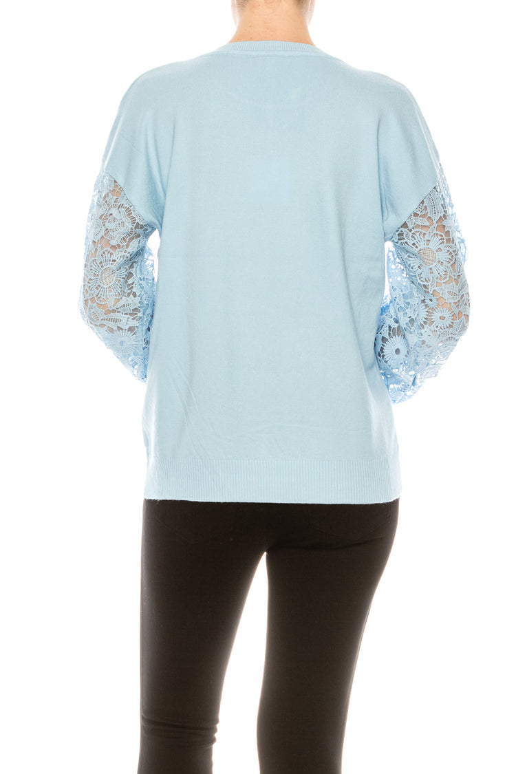 Sioni Crew Neck Lace Puff Sleeve Knit Top (More Colors) - foxberryparkproducts