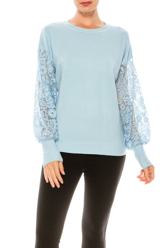 Sioni Crew Neck Lace Puff Sleeve Knit Top (More Colors) - foxberryparkproducts
