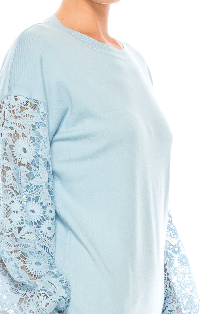 Sioni Crew Neck Lace Puff Sleeve Knit Top (More Colors) - foxberryparkproducts