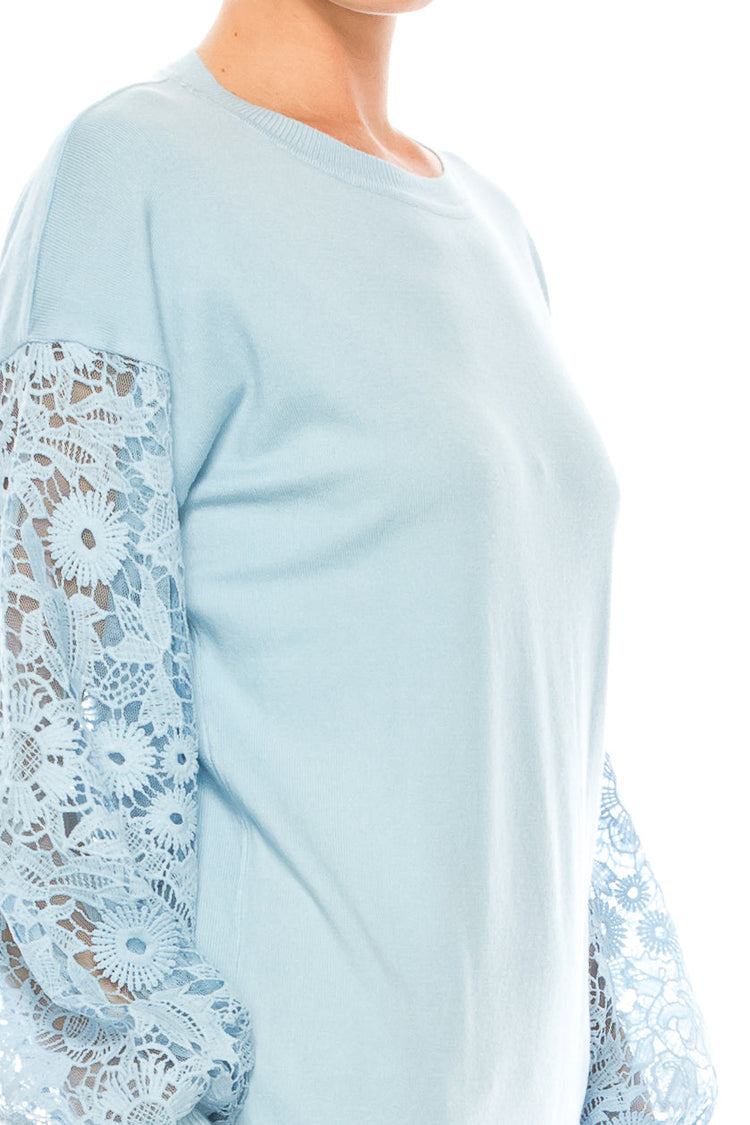Sioni Crew Neck Lace Puff Sleeve Knit Top (More Colors) - foxberryparkproducts