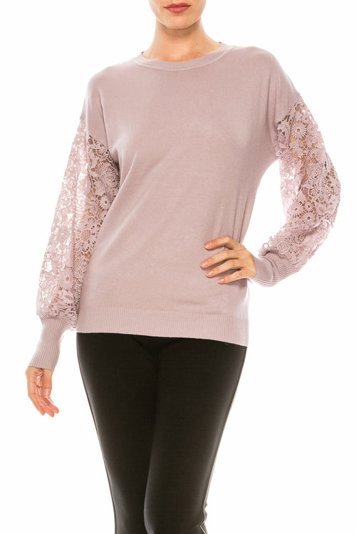 Sioni Crew Neck Lace Puff Sleeve Knit Top (More Colors) - foxberryparkproducts