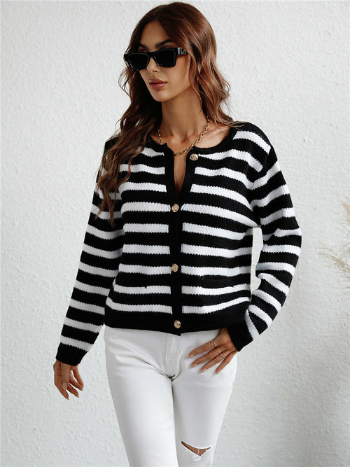 Black-White Striped Knit Cardigan Basic Knitwear - foxberryparkproducts