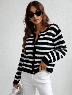 Black-White Striped Knit Cardigan Basic Knitwear - foxberryparkproducts