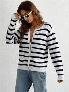 Black-White Striped Knit Cardigan Basic Knitwear - foxberryparkproducts