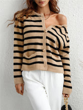 Load image into Gallery viewer, Black-White Striped Knit Cardigan Basic Knitwear - foxberryparkproducts
