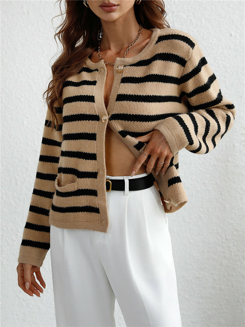 Black-White Striped Knit Cardigan Basic Knitwear - foxberryparkproducts