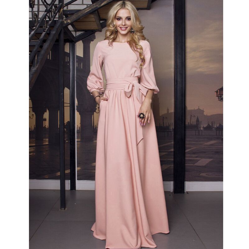 Autumn Women Casual Bow Maxi Sashes Dress - foxberryparkproducts