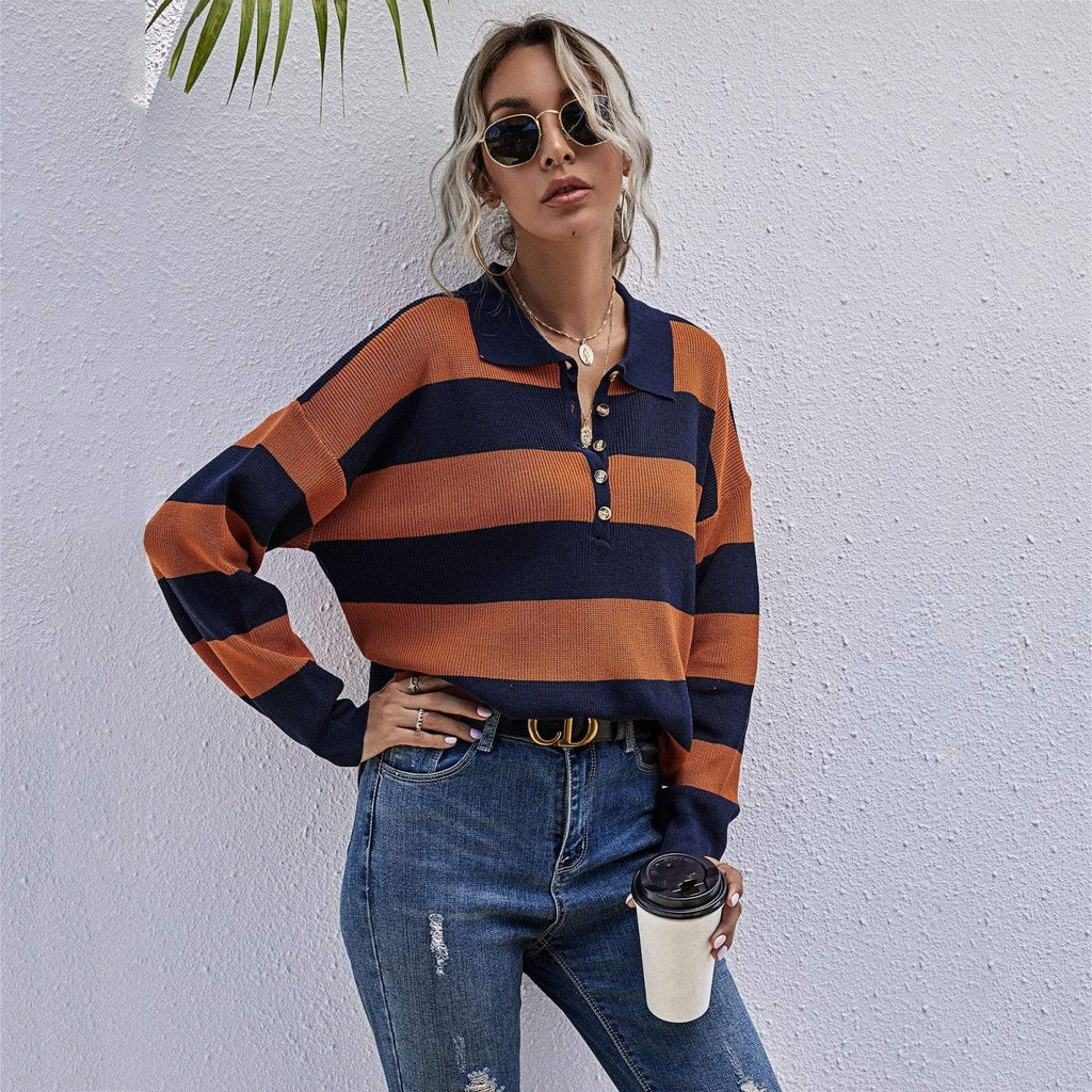 Half Placket Striped Sweater - foxberryparkproducts