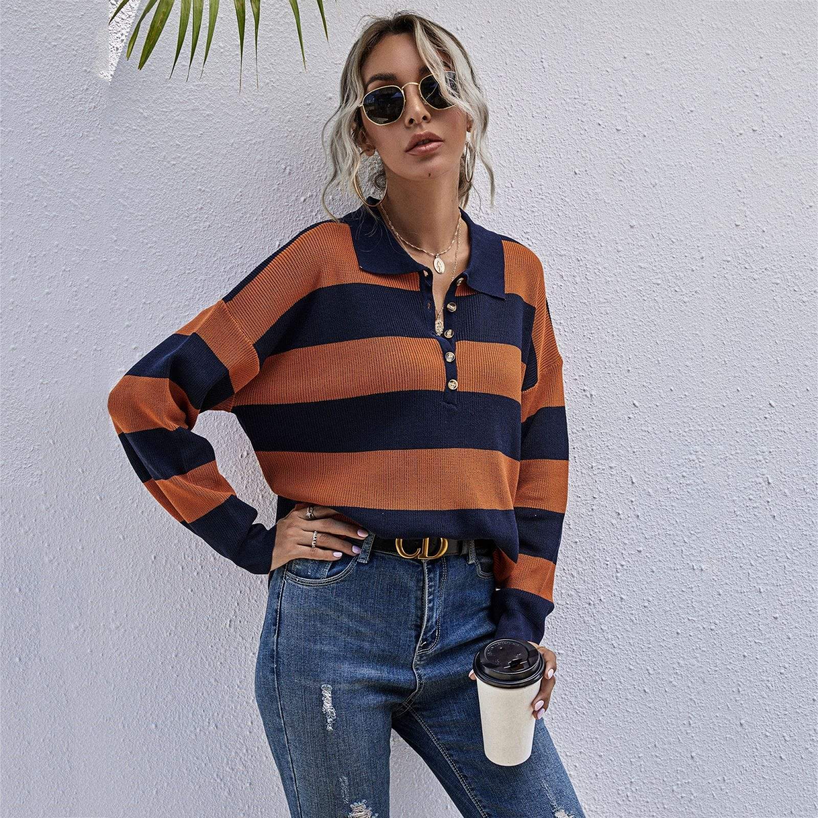 Half Placket Striped Sweater - foxberryparkproducts
