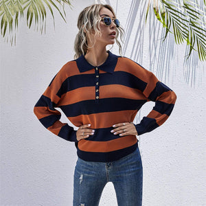 Half Placket Striped Sweater - foxberryparkproducts