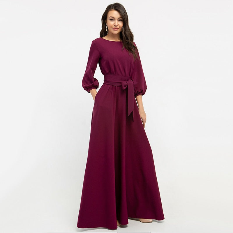 Autumn Women Casual Bow Maxi Sashes Dress - foxberryparkproducts