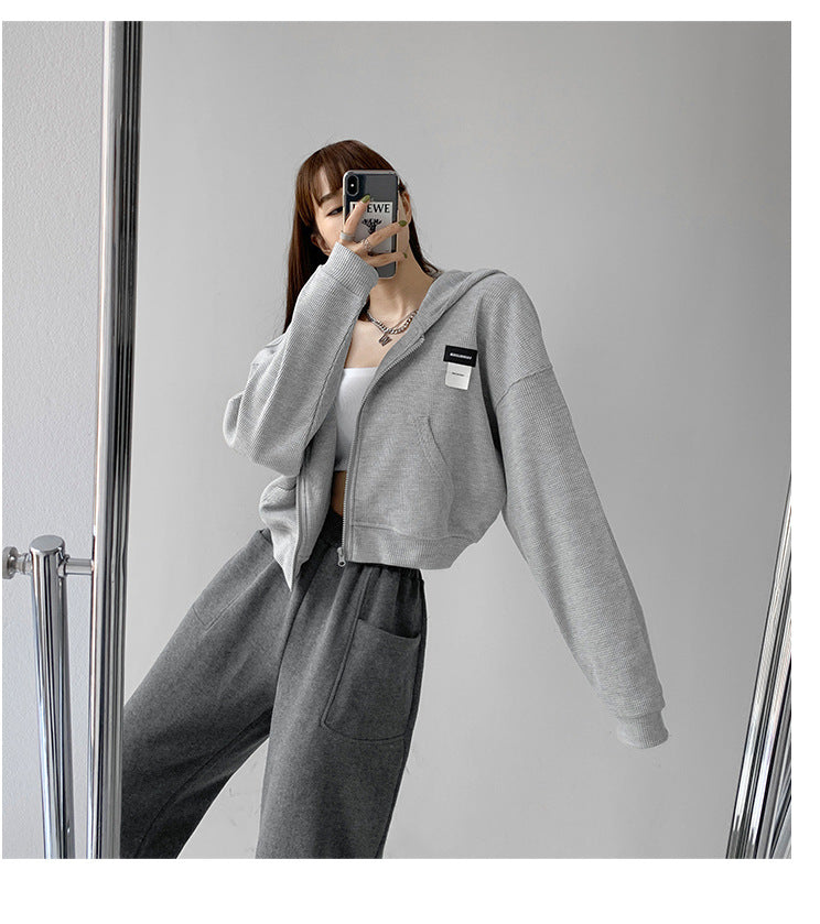 Short Long Sleeve Waffle Loose Hooded Sweatshirt - foxberryparkproducts