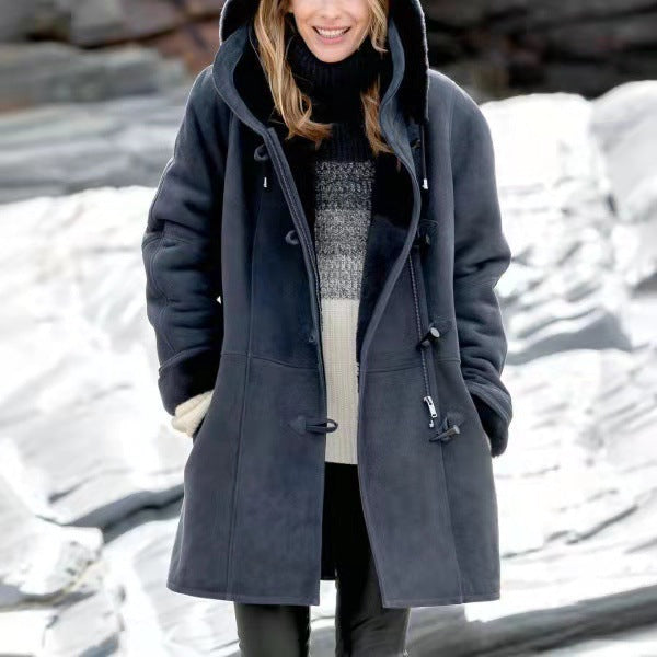 Solid color mid-length hooded jacket