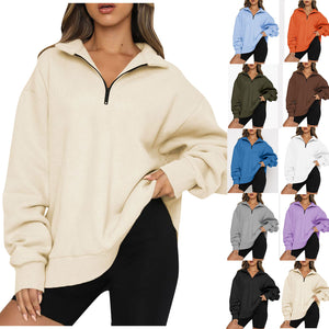 Women Sweatshirts Zip Turndown Collar Loose Casual Tops
