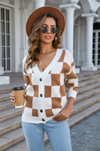 Load image into Gallery viewer, Button-Up Plaid V-Neck Dropped Shoulder Cardigan
