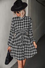 Load image into Gallery viewer, Plaid Band Collar Drawstring Shirt Dress
