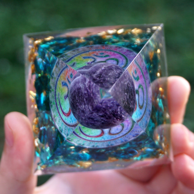 HANDMADE OHM AMETHYST SPHERE BLUE QUARTZ ORGONE PYRAMID 60MM - foxberryparkproducts