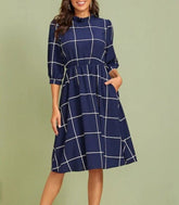Stand Collar Simple Plaid Dress Autumn Winter - foxberryparkproducts