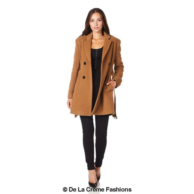 De La Creme - Womens Camel Textured Short Belted Coat - foxberryparkproducts