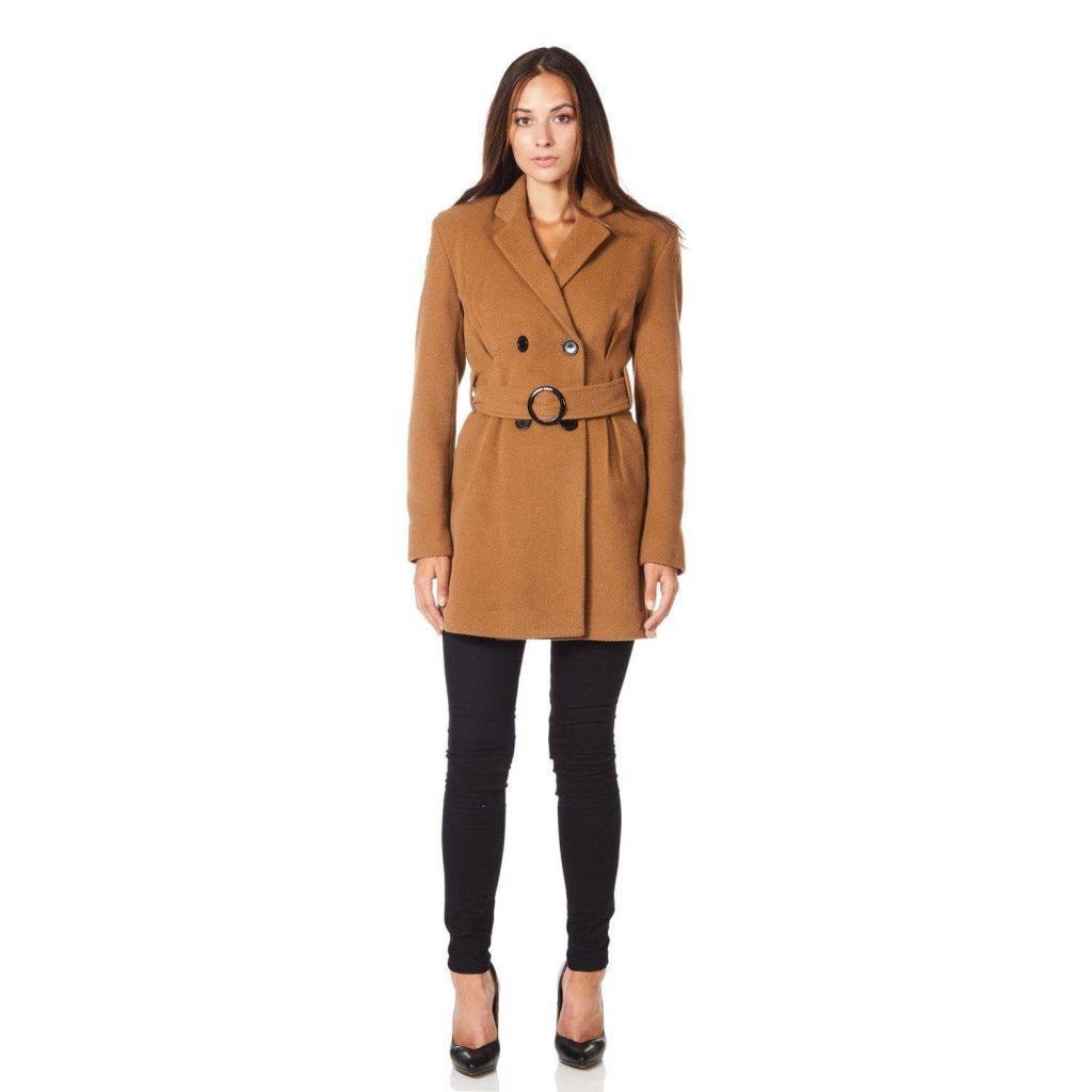 De La Creme - Womens Camel Textured Short Belted Coat - foxberryparkproducts