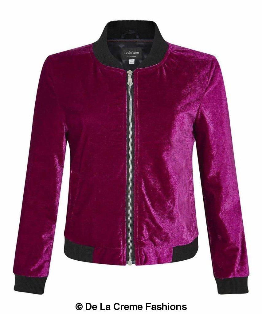De La Creme - Womens Velvet Zip-Thru Varsity Bomber Jacket - foxberryparkproducts