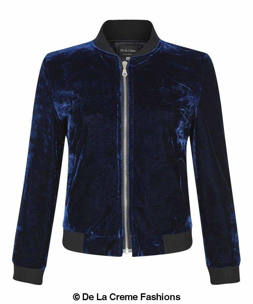 De La Creme - Womens Velvet Zip-Thru Varsity Bomber Jacket - foxberryparkproducts