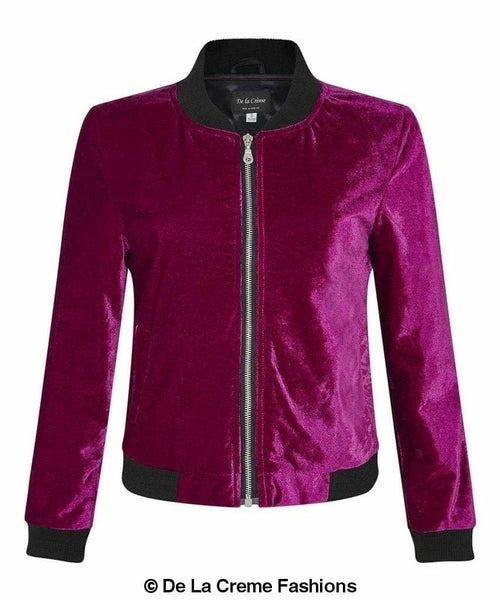 De La Creme - Womens Velvet Zip-Thru Varsity Bomber Jacket - foxberryparkproducts