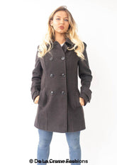 Womens Wool Feel Double Breasted Hooded Coat - foxberryparkproducts