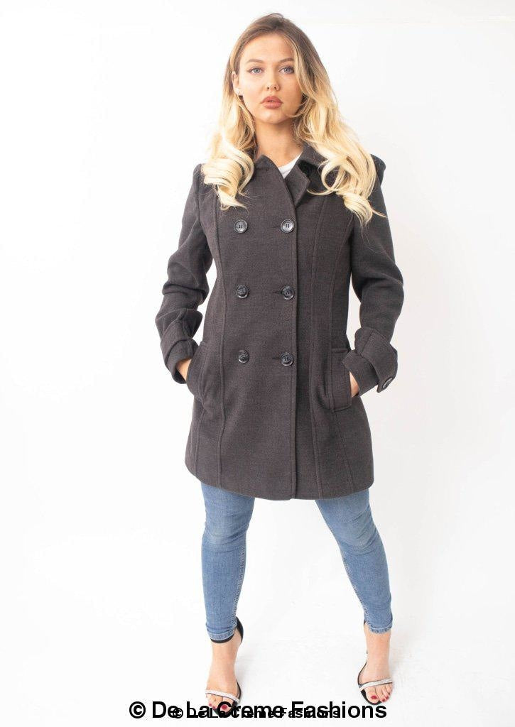 Womens Wool Feel Double Breasted Hooded Coat - foxberryparkproducts
