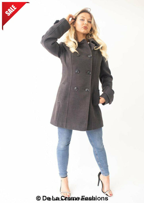 Womens Wool Feel Double Breasted Hooded Coat - foxberryparkproducts