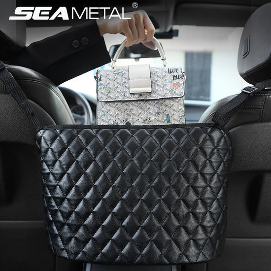Car Handbag Holder Luxury Leather Seat Back Organizer Mesh Large Capacity Bag Automotive Goods Storage Pocket Seat Crevice Net - foxberryparkproducts
