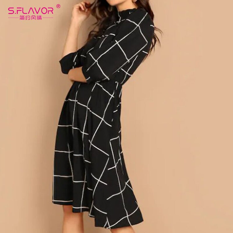 Stand Collar Simple Plaid Dress Autumn Winter - foxberryparkproducts