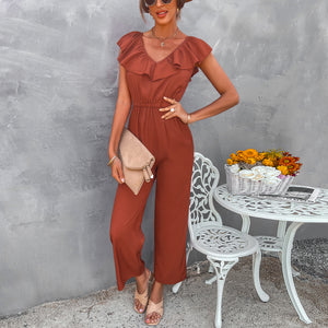 European And American Women's Solid Color Open Back Jumpsuit Summer Off Shoulder Casual Sundress Women Beachwear Jumpsuit Ruffle High Waist Jumpsuits Female Overalls Body Mujer - foxberrypark