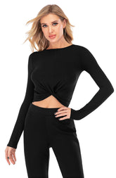Women Yoga Front Knot Crossover Long Sleeve Top Athletic Gym Workout - foxberryparkproducts