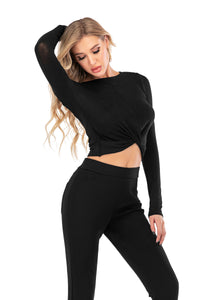 Women Yoga Front Knot Crossover Long Sleeve Top Athletic Gym Workout - foxberryparkproducts