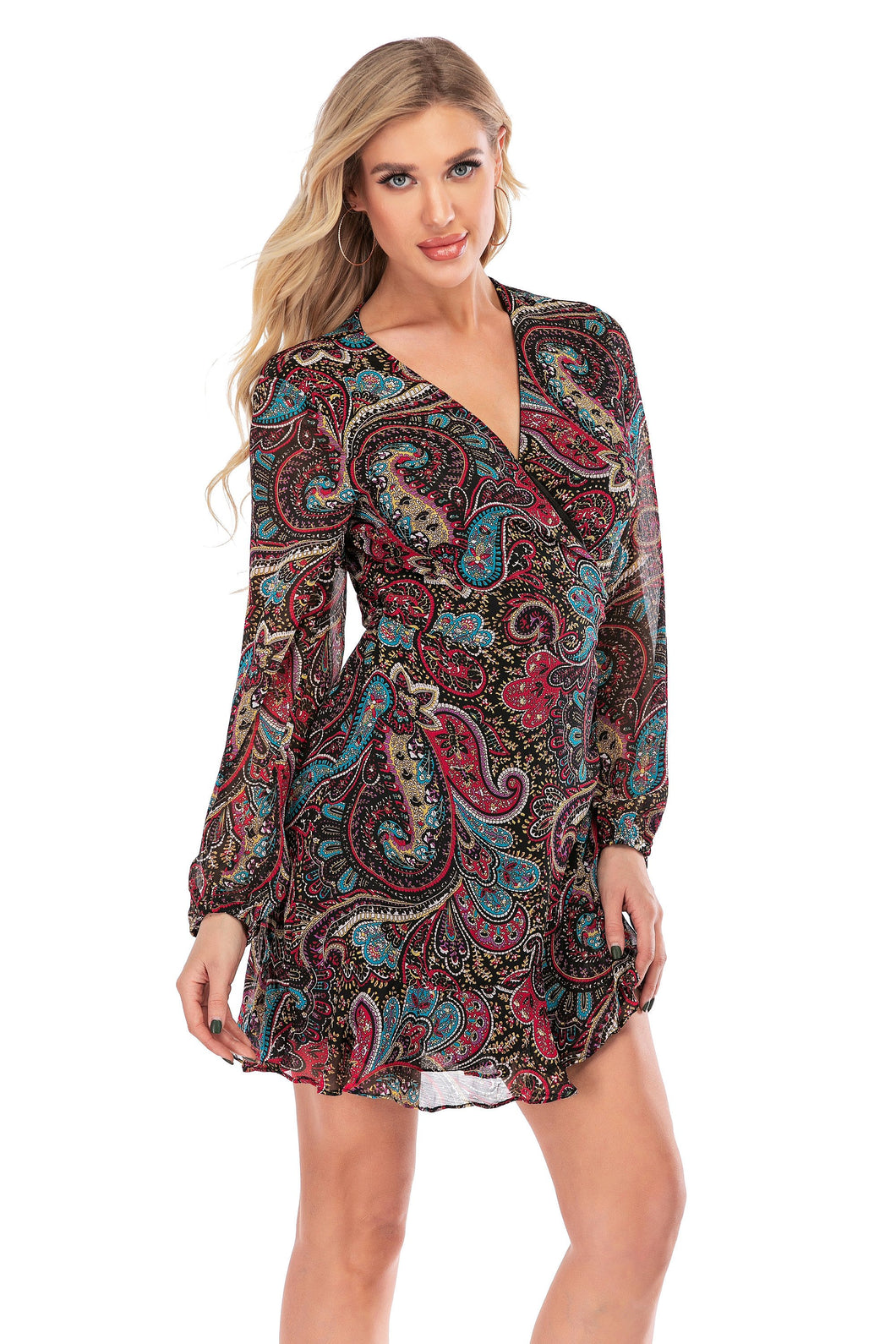 Women's Long Sleeve V-Neck Fashion Dress - foxberryparkproducts