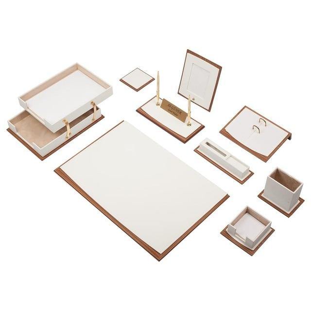 Star Luxury Leather&Wood Desk Set 11 Pieces With Double Tray - foxberryparkproducts