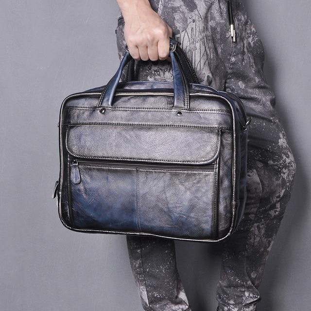 Top Quality Men Real Leather Antique Style 15.6" Laptop Briefcase - foxberryparkproducts