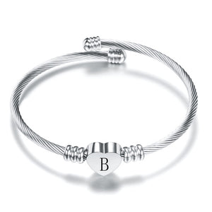 Fashion Heart Charm Bangle With Initial Alphabet Letter Engrave High Quality Women Jewelry Cuff Bangles Wholesale For Party Gift - foxberryparkproducts