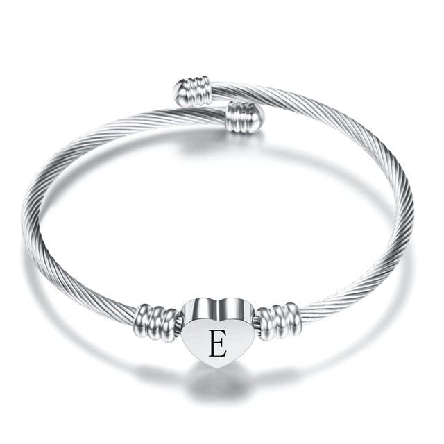 Fashion Heart Charm Bangle With Initial Alphabet Letter Engrave High Quality Women Jewelry Cuff Bangles Wholesale For Party Gift - foxberryparkproducts