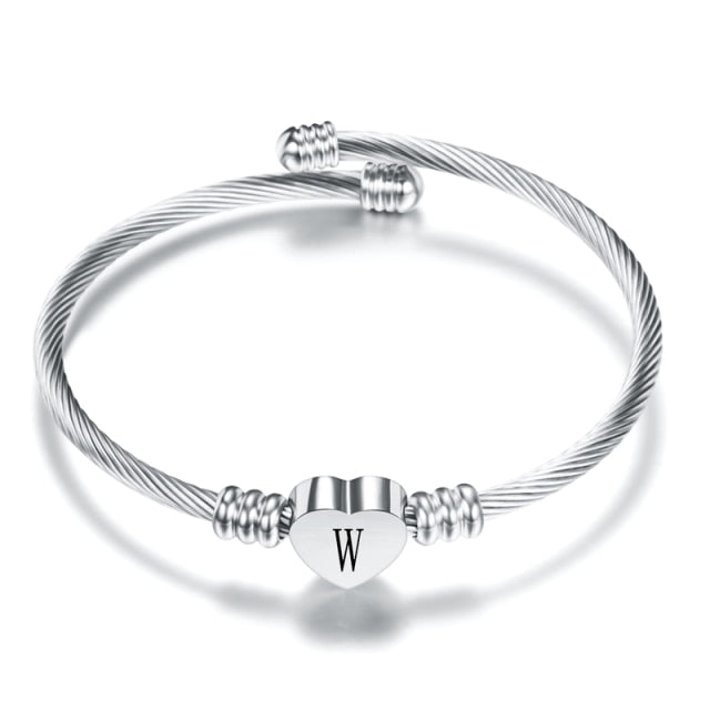 Fashion Heart Charm Bangle With Initial Alphabet Letter Engrave High Quality Women Jewelry Cuff Bangles Wholesale For Party Gift - foxberryparkproducts