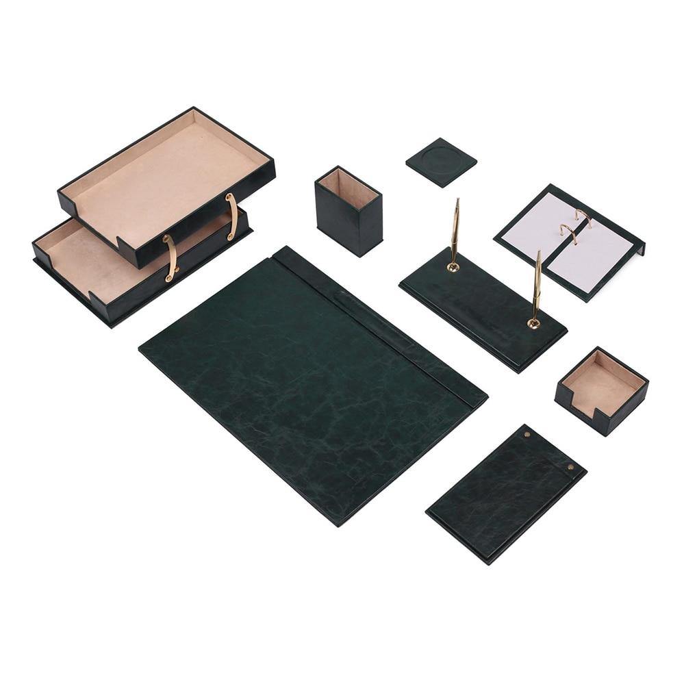 Leather Desk Set 10 Pieces With Double Document Tray - foxberryparkproducts