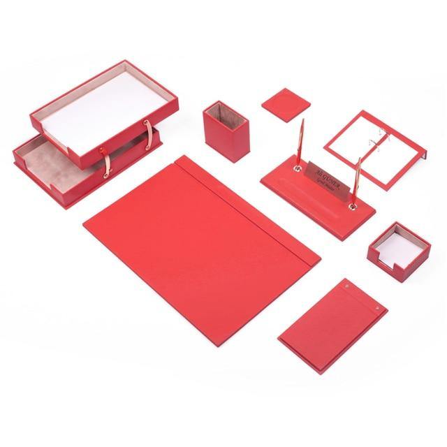 Leather Desk Set 10 Pieces With Double Document Tray - foxberryparkproducts
