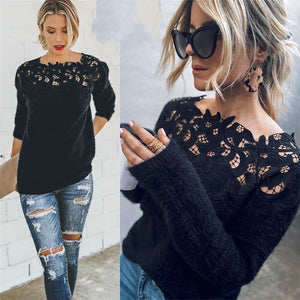 Women's Loose Knitted Pullover Jumper Sweater Top Lace Floral Collar - foxberryparkproducts