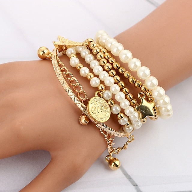 Bracelet Sets  Tacoma 6pcs/set Gold Color Beads Pearl Star Multilayer   ID A114 - 1111 - foxberryparkproducts