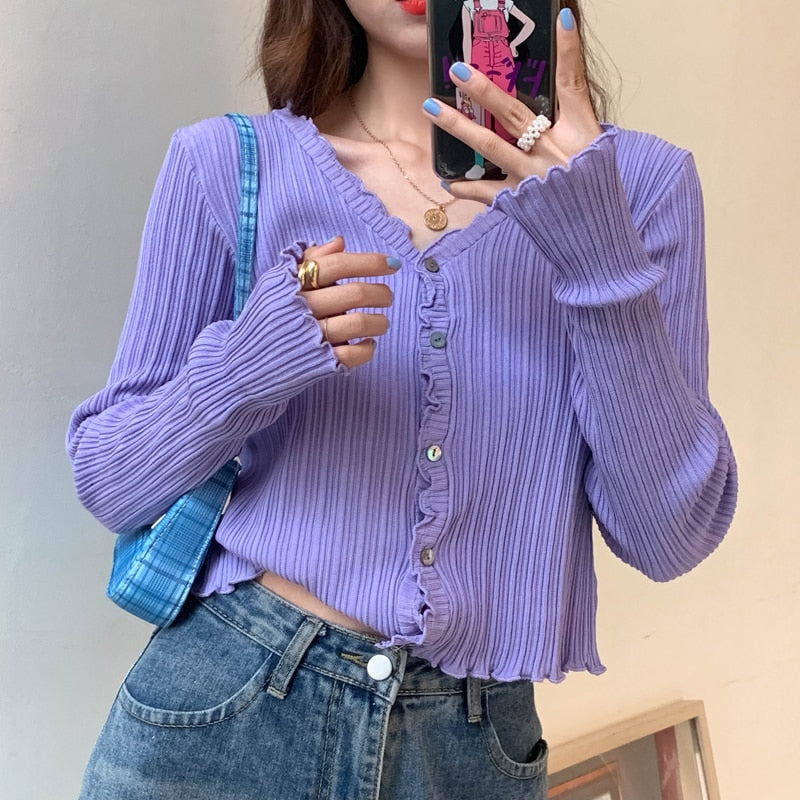Women V-Neck Knitted Casual Ruched Short Sweaters Cardigans - foxberryparkproducts