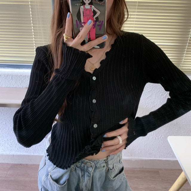 Women V-Neck Knitted Casual Ruched Short Sweaters Cardigans - foxberryparkproducts