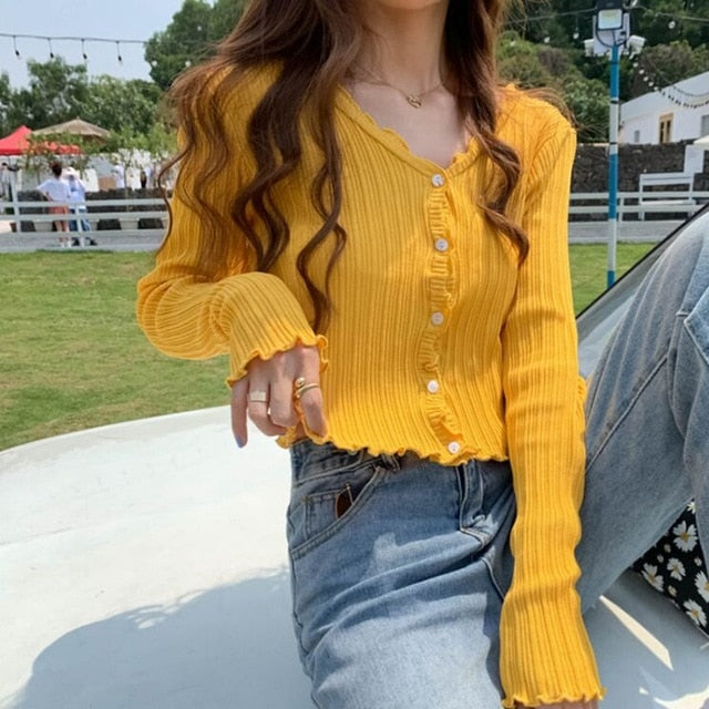 Women V-Neck Knitted Casual Ruched Short Sweaters Cardigans - foxberryparkproducts