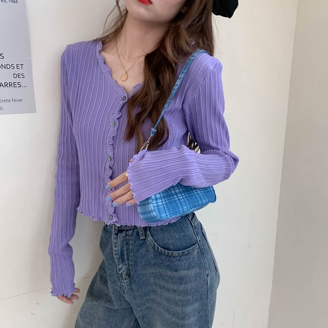 Women V-Neck Knitted Casual Ruched Short Sweaters Cardigans - foxberryparkproducts